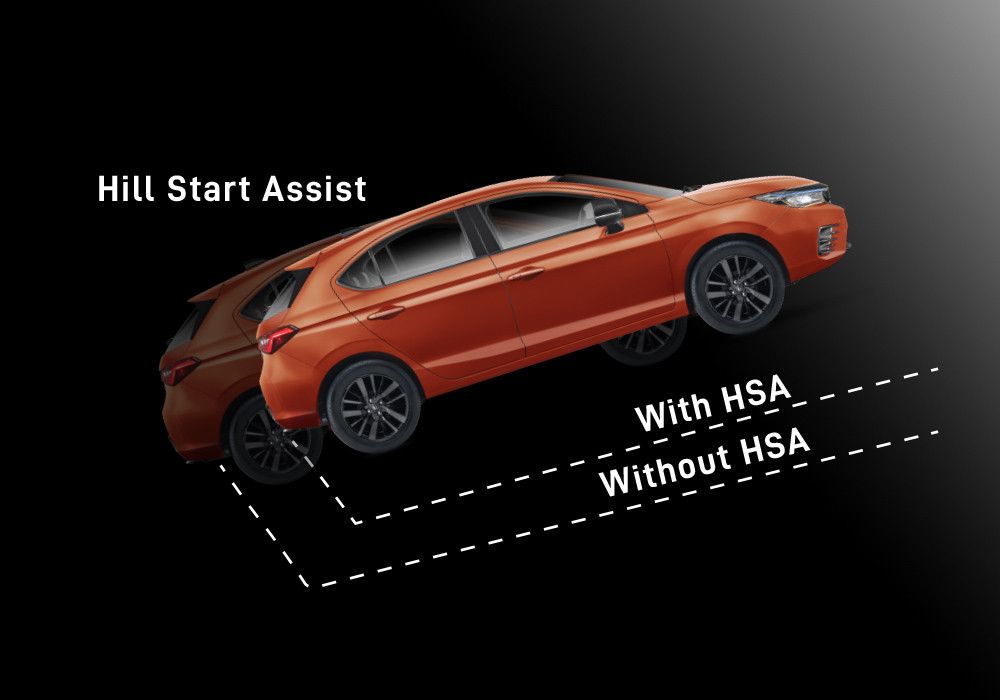 Hill Start Assist (HSA)
Hill Start Assist berfungsi untuk mencegah kendaraan bergerak mundur saat pengemudi memindahkan kaki dari pedal rem ke pedal gas saat berhenti di jalan menanjak.

Sistem ini otomatis berfungsi saat sistem mendeteksi kendaraan berhenti mengahadap jalan menanjak, atau dalam posisi gigi mundur saat kendaraan menghadap jalan menurun.